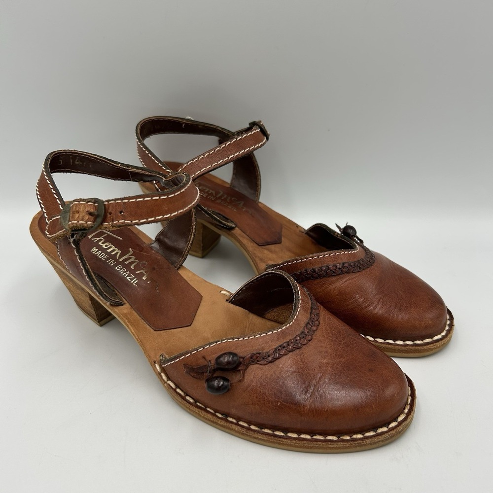 Vintage 70s Woodworks by Thom McAn Wooden Leather Strappy Heel Sandals